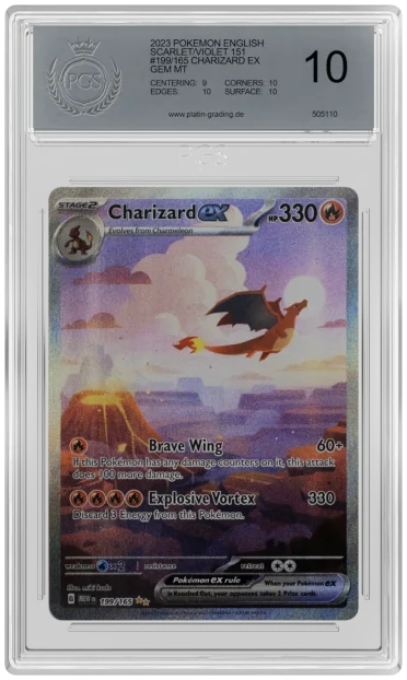 PGS-Slab im Standard Grading: klares Case mit neutralem Label, darin eine Charizard-ex-Karte mit der Note 10